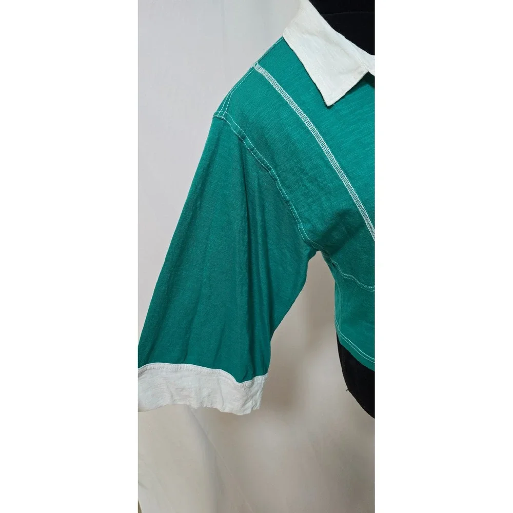 Pilcro Corset Inspired 3/4 Sleeve Polo Shirt Women M Green Anthropologie